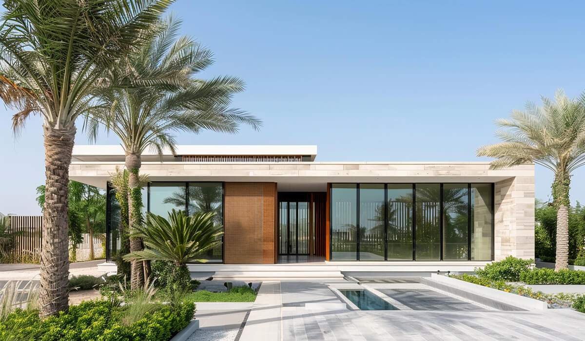 A large villa with impressive architecture, featuring a stylish outdoor area with a palm tree and a small decorative pool. The villa has large windows and classic color tones, blending elegance with modern design.