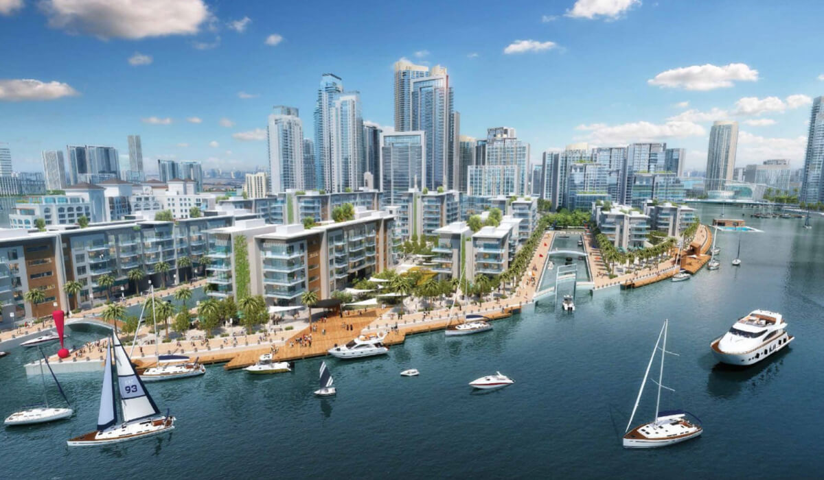 Top view of Dubai Creek Harbour with a bustling water scene, yachts moving across the bright horizon, surrounded by tall modern buildings, wide comfortable streets, and vibrant lighting.