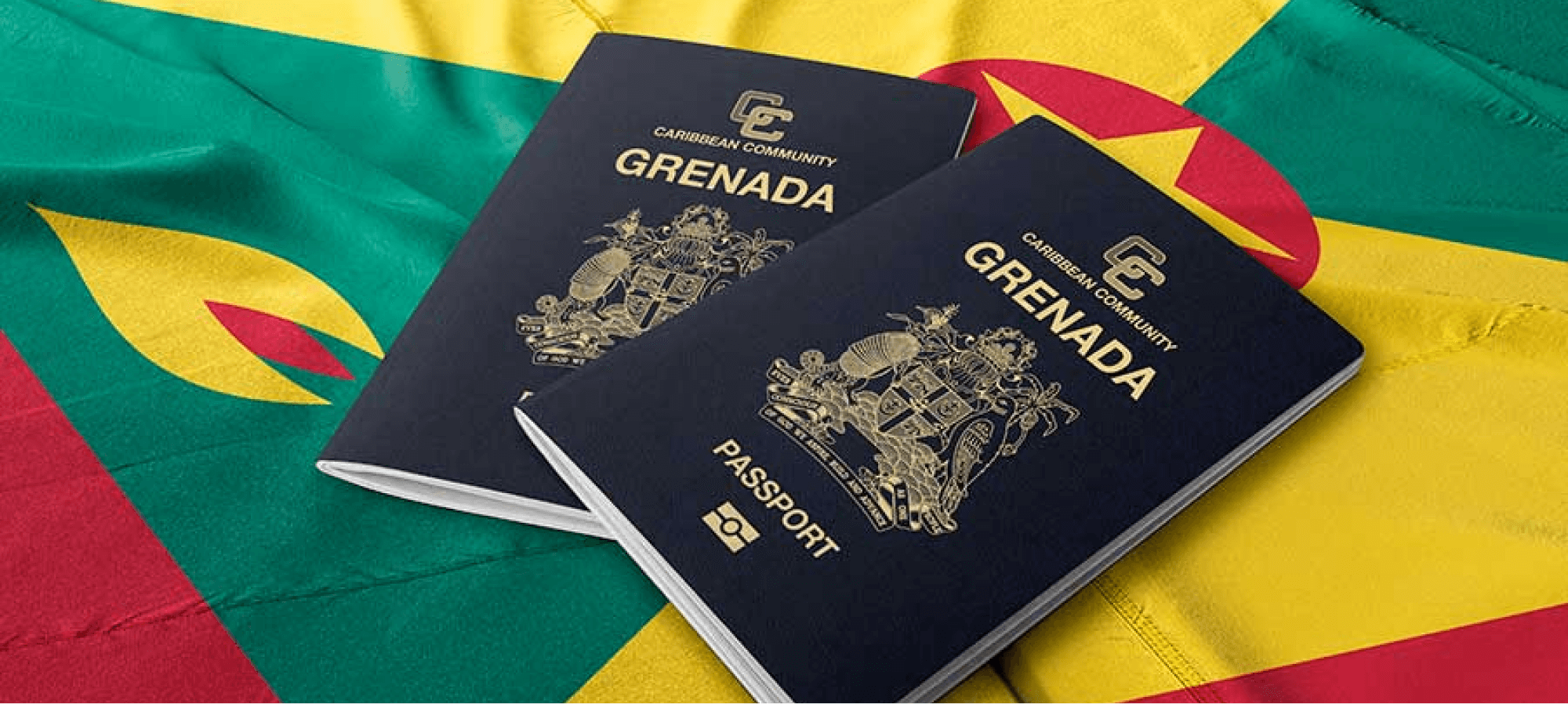  Two Grenadian passports placed on a vibrant Grenada flag, symbolizing the opportunity to obtain citizenship and the nation’s inviting pathway to becoming part of its community.