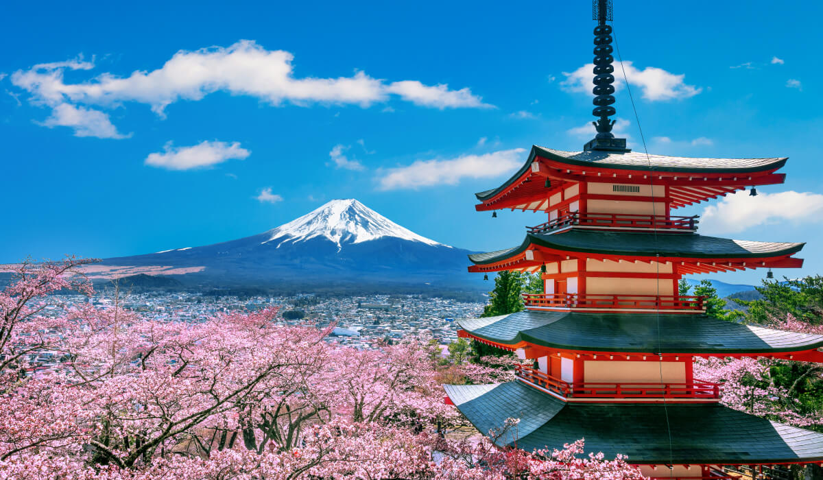 A picturesque view of Japan during the blooming season, with vibrant cherry blossoms surrounding a traditional-style building, and Mount Fuji majestically rising in the background.