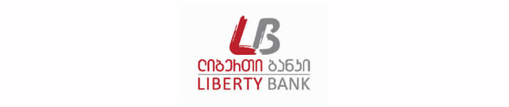 The Liberty Bank logo features bold Georgian letters in red, accompanied by a stylized "L" design element, symbolizing the bank's brand.