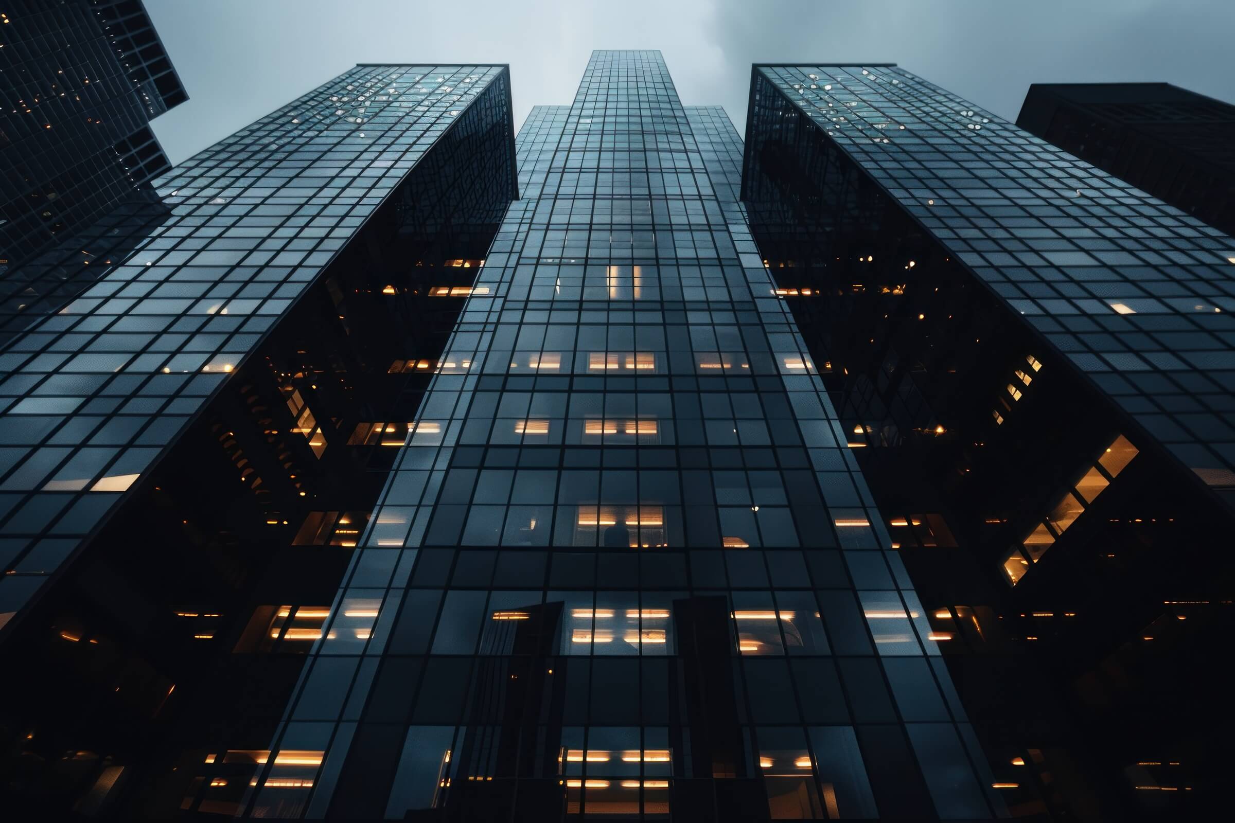 A tall corporate building covered with glass windows, with some lights visible inside, captured from a low angle looking up.