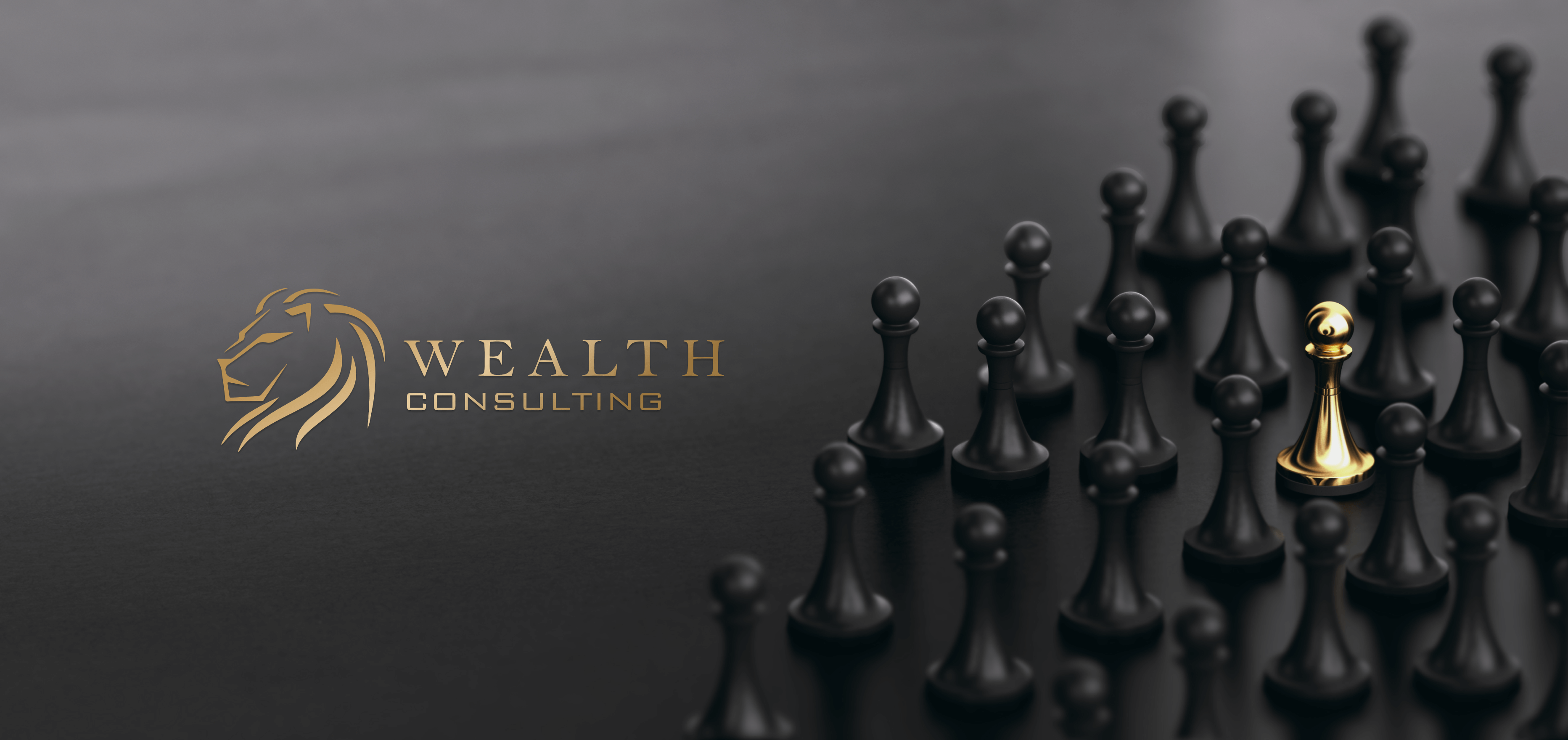 The Wealth Consulting logo featuring a lion as the symbol, set against a gray-black background with chess figures incorporated into the design.