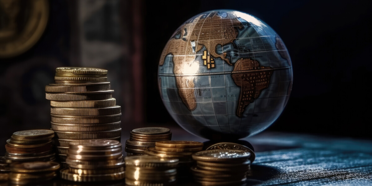 A small globe on a table, surrounded by stacked coins and scattered coins on the surface.