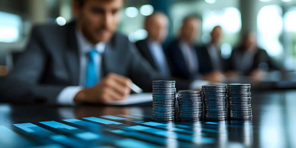 A man in a suit working on a tablet in an office, with coins and digital graphs displayed on the table.