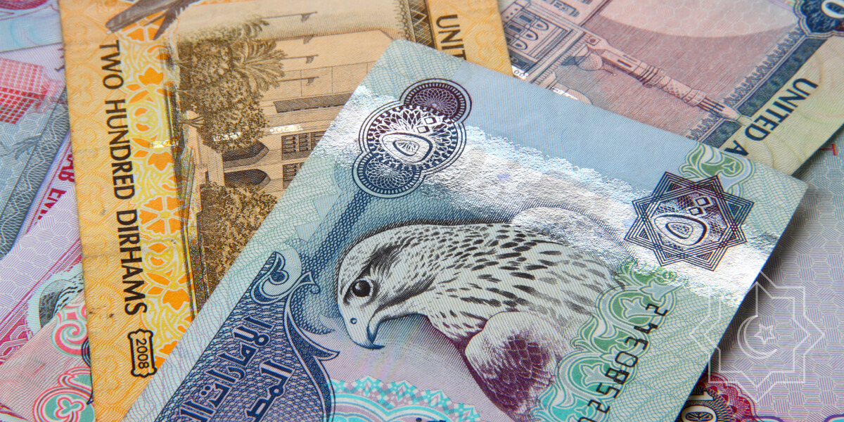 Cash cups stacked on one another display UAE currency in various colors, with a majestic falcon perched atop, symbolizing strength and prosperity.