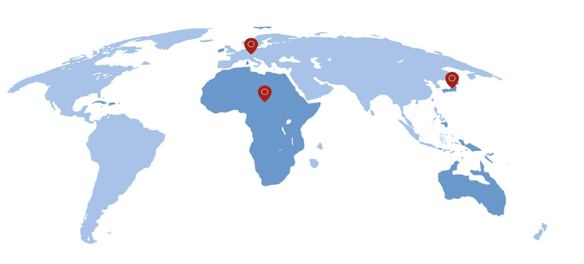 World map showing highlighted points in Africa and Europe.