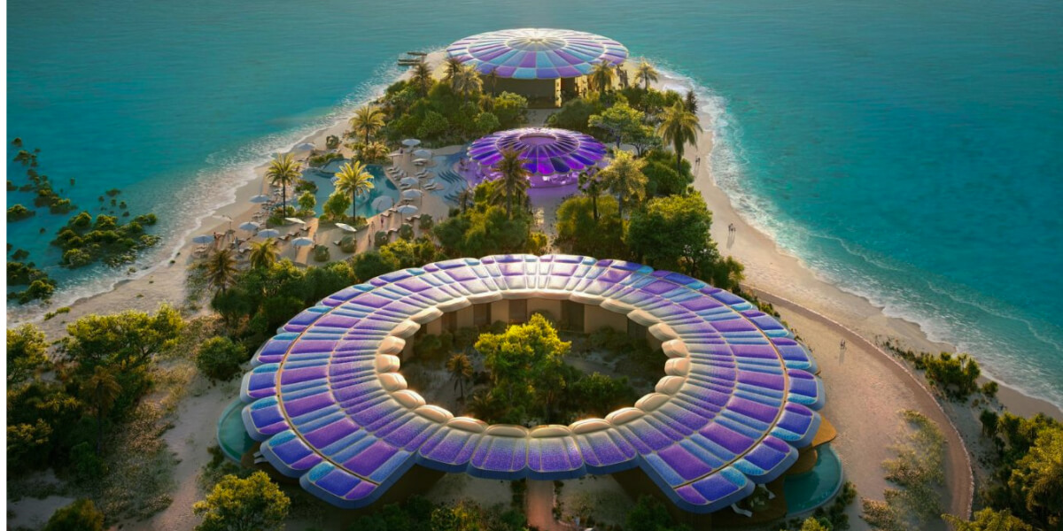 A scenic beach resort with futuristic purple domes, lush greenery, and a calm turquoise sea, creating a tropical oasis with modern architectural elements blending into the natural environment.