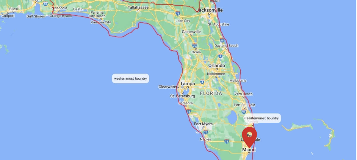 A detailed map showing the westernmost boundary of Miami, Florida.