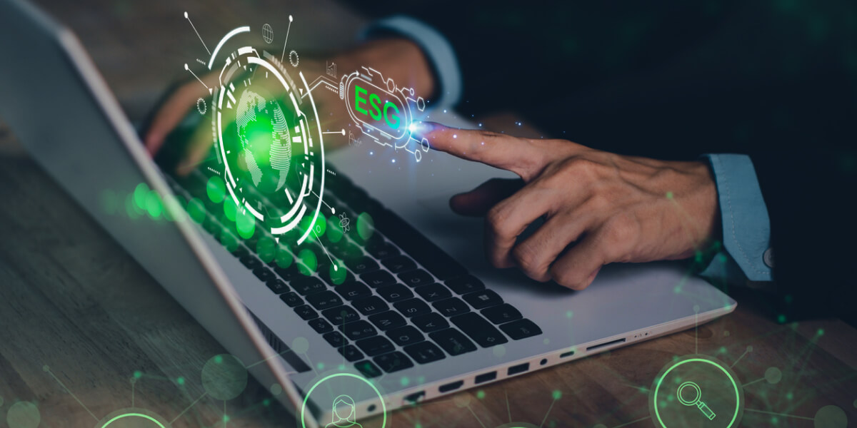 A hand interacting with a digital screen displaying a globe and ESG (Environmental, Social, Governance) data.
