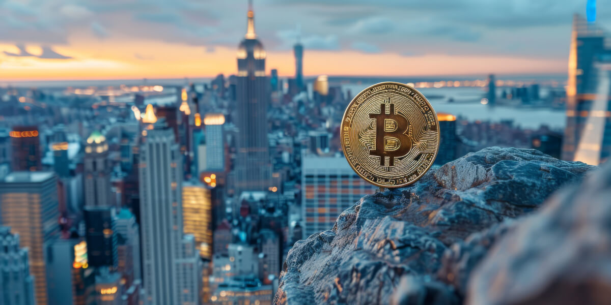 A Bitcoin coin placed on a rock overlooking a city skyline, representing the intersection of cryptocurrency and global finance.