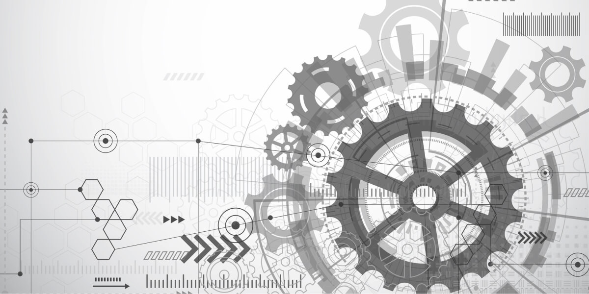 A grayscale abstract design featuring interlocking gears, hexagons, and directional arrows, symbolizing technological or mechanical processes.