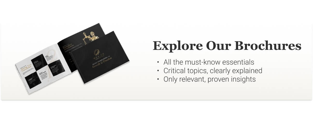 Black brochures with gold text and a headline promoting essential insights.