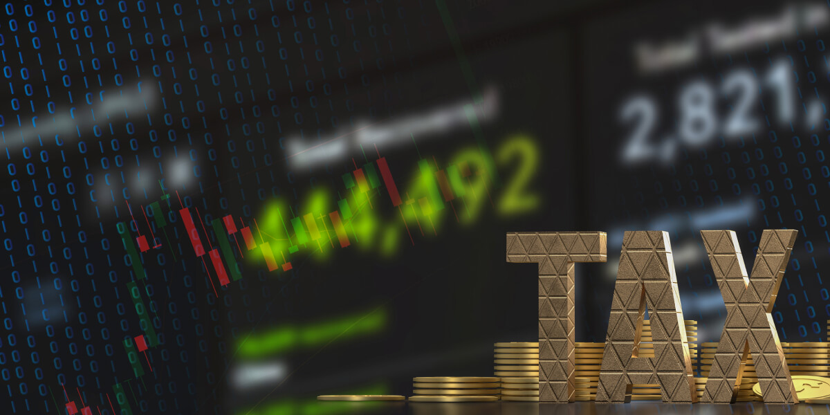 A digital stock market display with binary code and glowing green price movements, alongside a stack of cryptocurrency coins.