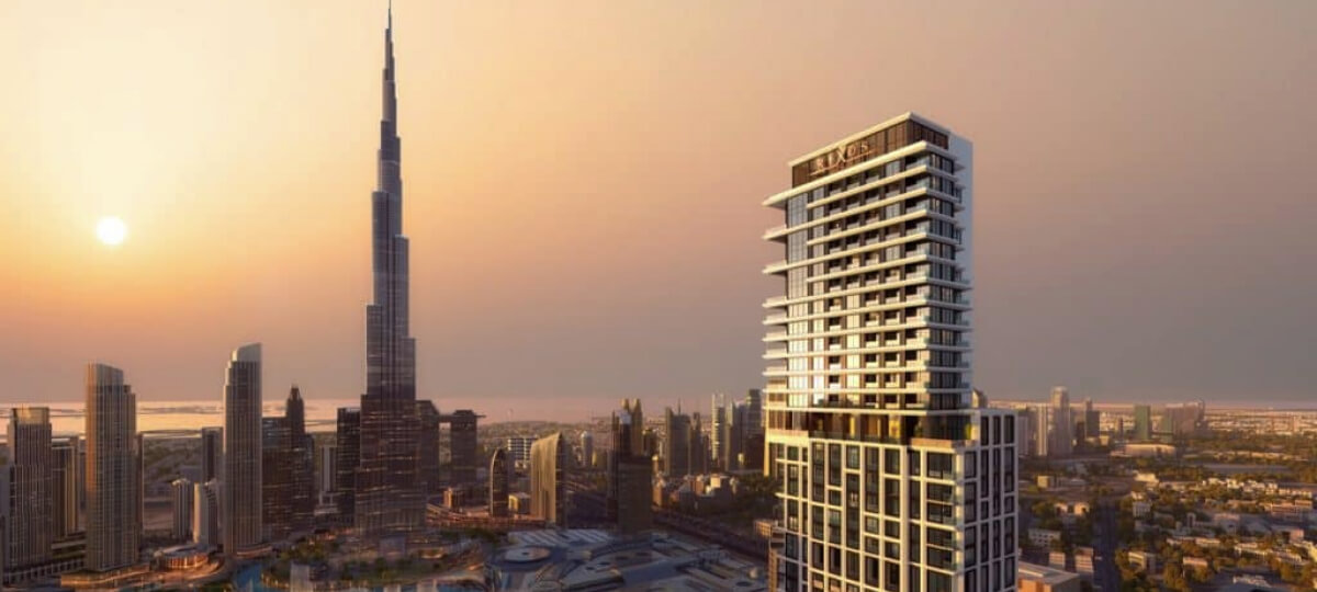 Burj Khalifa and luxury towers at golden hour, overlooking Downtown Dubai’s iconic skyline.