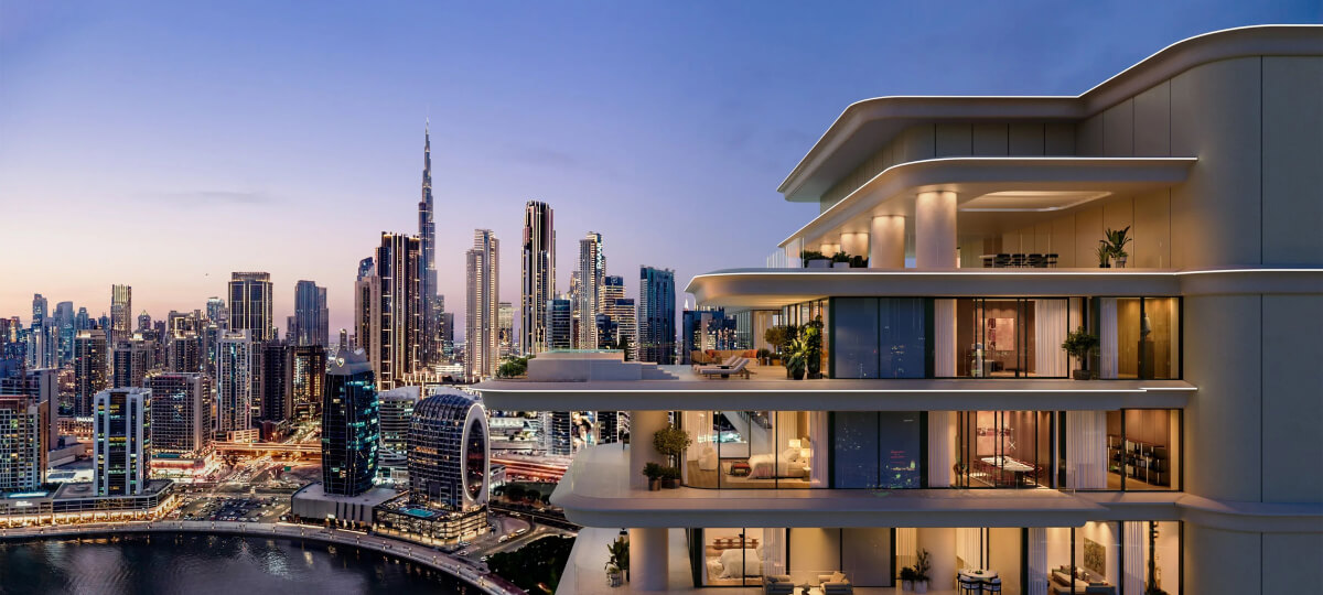 A modern cityscape at dusk with futuristic skyscrapers and a luxurious terrace apartment overlooking a waterfront.