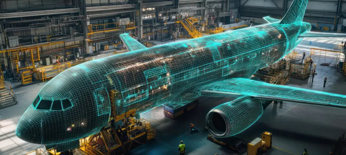 A digitally-rendered wireframe overlay of an airplane being inspected and assembled inside a high-tech manufacturing facility.
