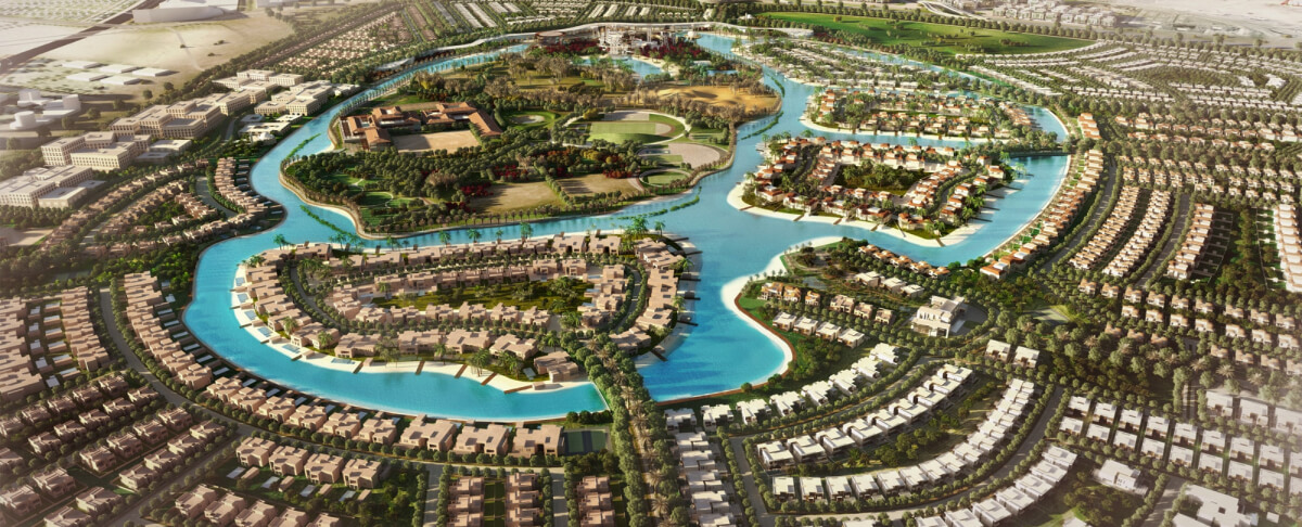 Master plan of a premium canal-side villa community in Dubai.