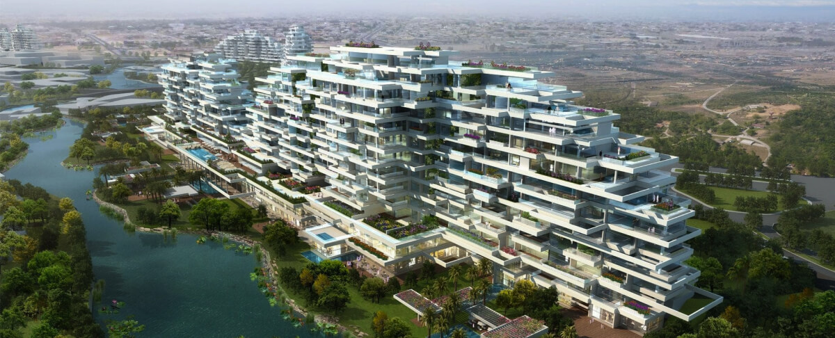 Luxury tiered apartments with private pools overlooking landscaped waterways.