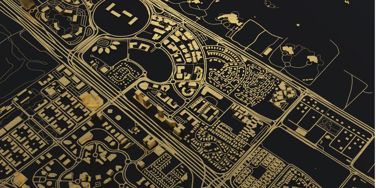 Stylized gold and black 3D map showcasing Dubai's urban layout.