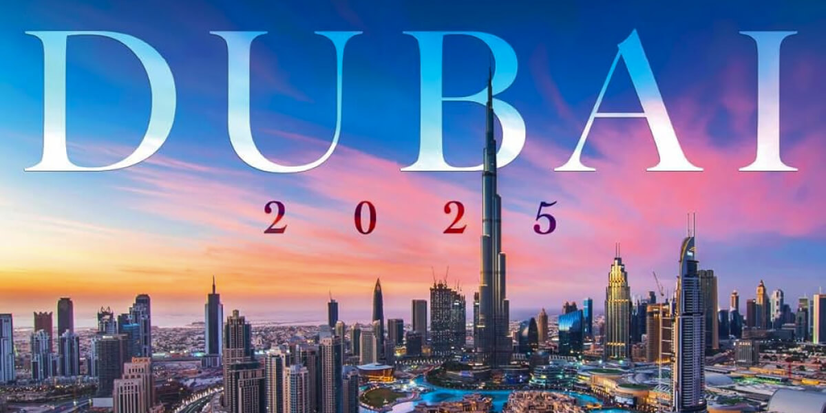Stylized “DUBAI 2025” graphic with the Burj Khalifa against a colorful twilight sky.