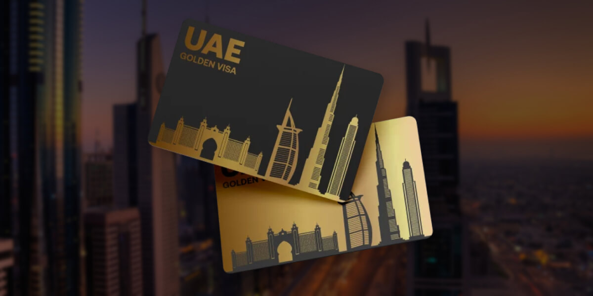 UAE Golden Visa card featuring iconic Dubai landmarks.