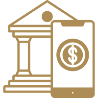 Icon of a smartphone and classical bank building representing digital banking.