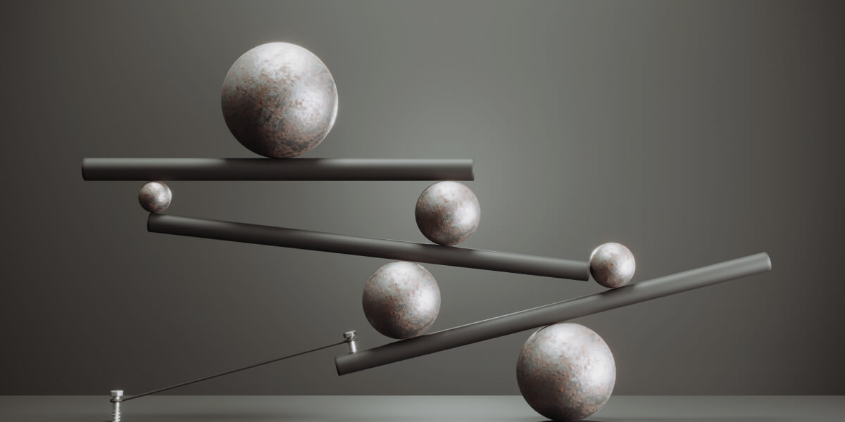 3D rendering of spheres balanced on cylindrical rods representing equilibrium or fairness