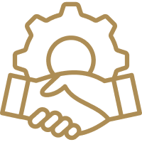 Icon of a handshake with a gear and person, symbolizing partnership and support services.