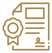 Icon of a certified document with a ribbon and signature symbolizing official approval.