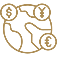Icon of a globe with currency symbols including dollar, euro, pound, and yen, representing global finance.