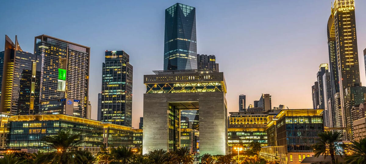 Evening view of modern skyscrapers in the Dubai International Financial Centre (DIFC) area.