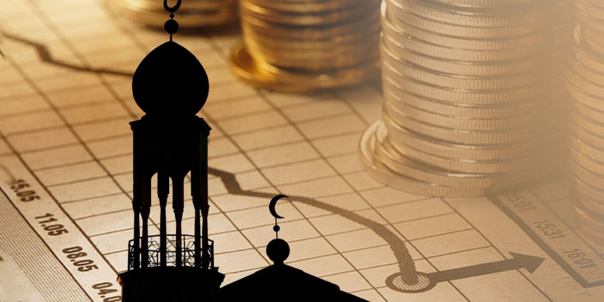 Silhouette of an Islamic dome overlays a financial chart with stacked coins in the background.