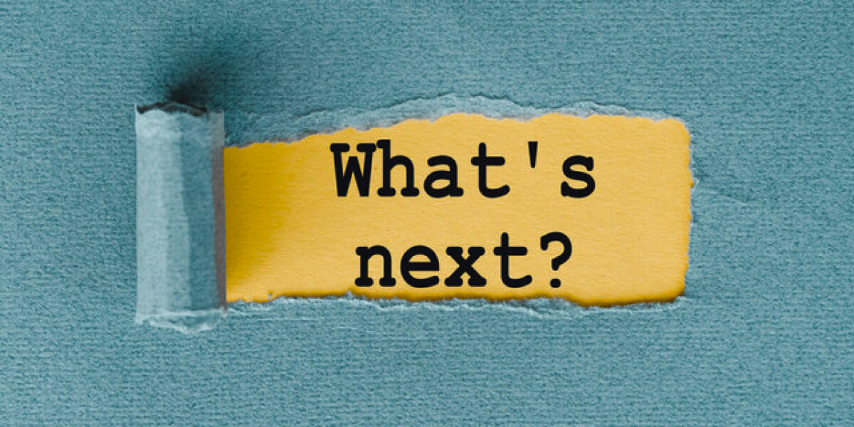 A yellow strip with the bold black text “What’s next?” is revealed beneath a torn teal paper.
