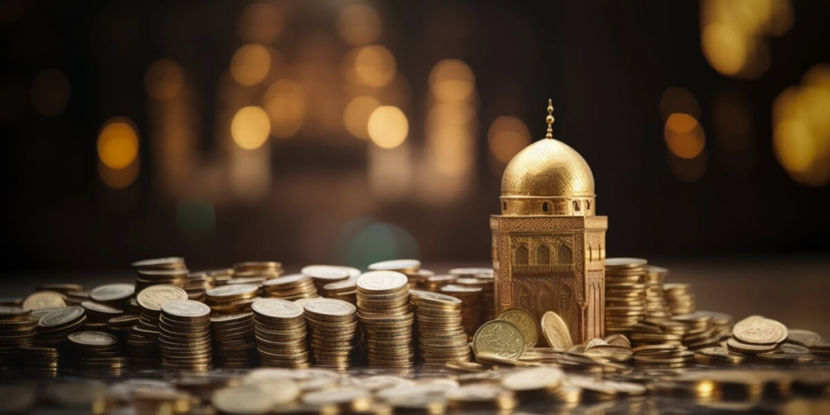 Stacks of gold coins surround a miniature golden Islamic architectural dome on a dark surface.