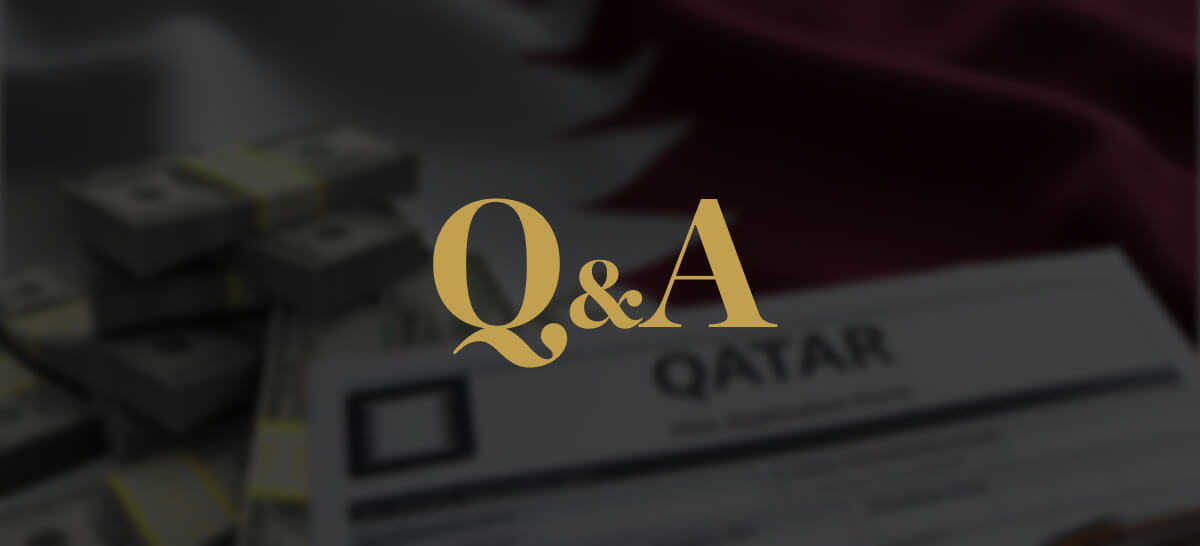 Q&A text over a blurred background with money and a Qatar document