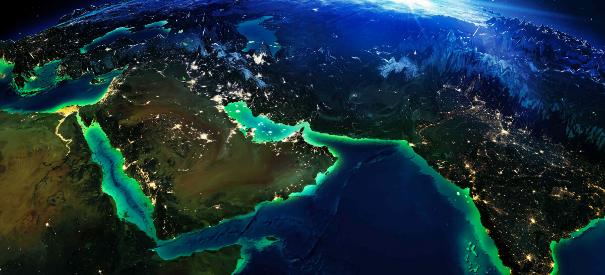 Satellite view of the Middle East with highlighted coastlines