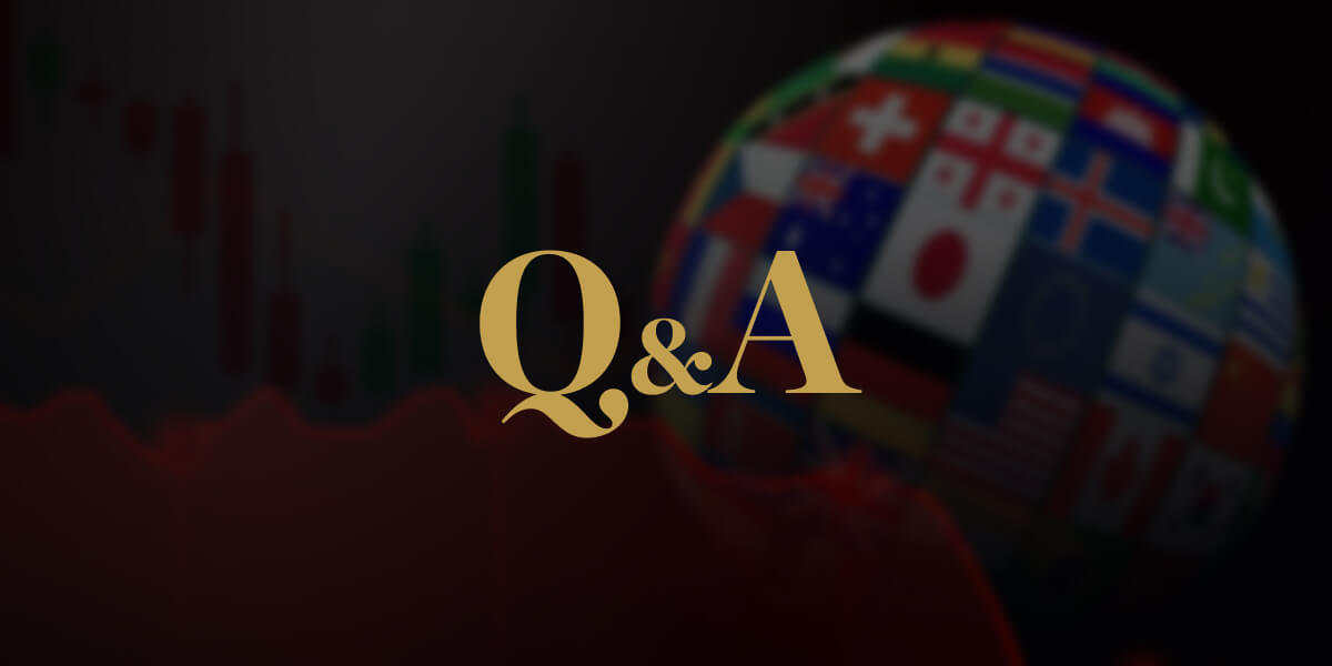 Large gold "Q&A" text placed over a backdrop of global flags and financial chart shadows.