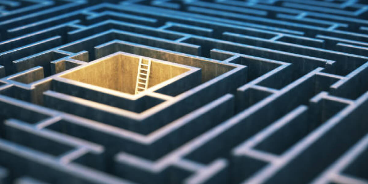  A 3D maze with a glowing central opening and a ladder leading out, symbolising solutions or escape.